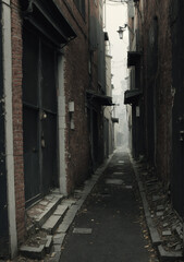 narrow street in old port city with tall brick buildings and foggy weather