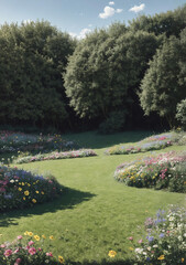 garden in the park with pink flowers and massive green trees