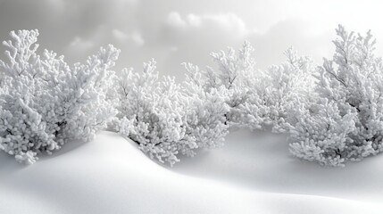 Fototapeta premium Serene Snowy Landscape with Frosted Bushes and Gentle Clouds