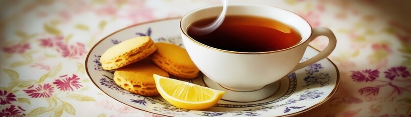 A cup of tea with macarons and a lemon slice on a floral tablecloth.