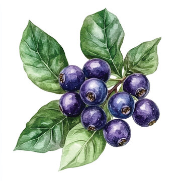 Salal berry fruit watercolor clipart illustration