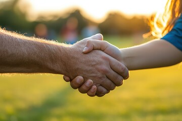 A handshake between a coach and an athlete on a sports field, bright sunlight
