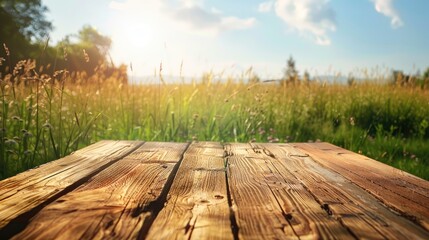 Wooden table for food and drink on blurred grass field. Organic milk production concept with empty space.