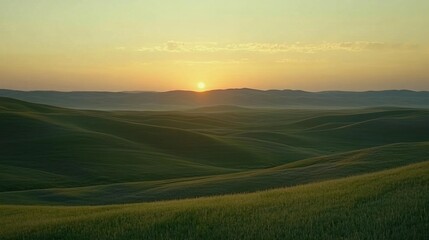Fototapeta premium Serene Landscape with Rolling Green Hills at Sunset