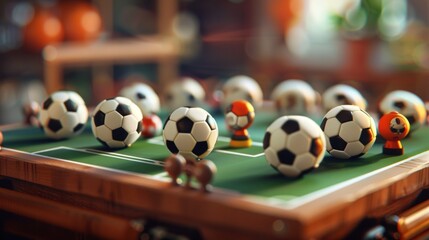 Miniature Soccer Game Setup: A Close-Up View of a Tabletop Football Match with Detailed Soccer Balls and Goalkeepers