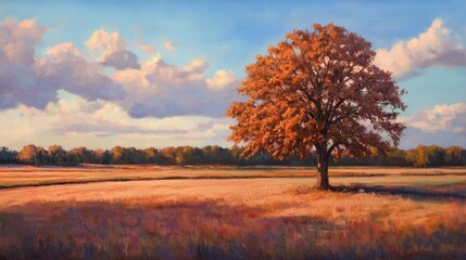 Naklejka premium Lone Tree Standing in a Golden Field at Dusk