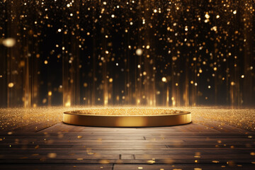 Golden confetti rain on festive stage with light beam in the middle