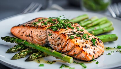 a plate of grilled salmon with asparagus