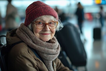 Smiling senior woman in warm hat and scarf at airport. Perfect for articles about travel, aging, or winter.