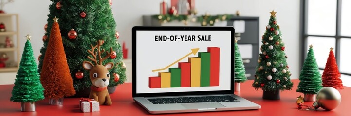 Christmas-themed end-of-year sale promotion cozy home office digital chart analysis festive environment engaging viewpoint