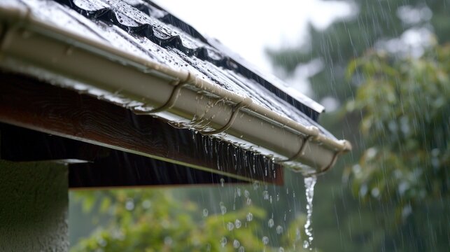 Rain gutter: A rain gutter overflowing with water during a heavy rainstorm