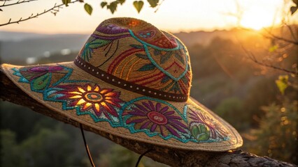 A sun hat reveals intricate patterns that emerge in vibrant colors when illuminated outdoors.