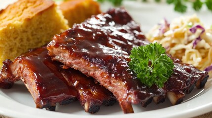 Obraz premium A tempting plate of barbecue ribs with a sticky glaze, served with coleslaw and cornbread, Rib plate centered