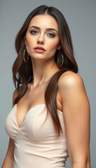 Fototapeta premium Charming young lady in a sleek tight dress posing gracefully with radiant makeup and perfect hair celebrating the harmony of beauty and the luxury of high-end fashion