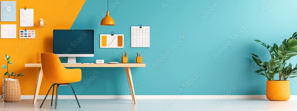 Poster a computer desk with a monitor and a keyboard