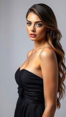 Naklejka premium Stylish woman in a glamorous latex dress and high heels posing gracefully in a professional studio portrait emphasizing the charm and allure of contemporary beauty