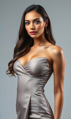Fototapeta premium Elegant female model in a stunning black dress with sleek high heels exuding sophistication and charm in a professional studio portrait of contemporary high fashion