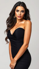 Fototapeta premium Attractive woman in a stylish tight dress and high heels posing confidently in a professional studio shot celebrating the charm and sophistication of modern high fashion