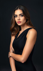 Fototapeta premium Gorgeous young lady in a stylish latex dress and sleek high heels striking a pose with confidence in a studio setting celebrating the beauty of modern high-end fashion