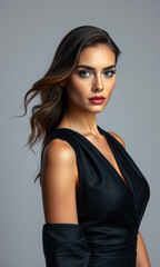 Fototapeta premium Elegant woman with flowing hair and flawless makeup posing gracefully in a glamorous outfit showcasing the sophistication and charm of high-end contemporary beauty
