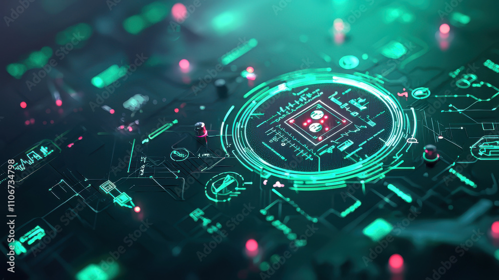 Poster futuristic digital interface with glowing circuits and data visualization. intricate design showcase