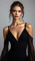 Beautiful young lady in a glamorous emerald outfit with flawless makeup posing gracefully in a luxurious studio shot showcasing the beauty of modern high-fashion style