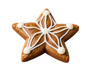 Star-Shaped Christmas Cookie with White Icing Snowflake Design on Transparent Background, Festive Holiday Treats. 