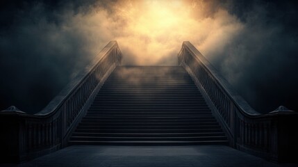 Obraz premium Mysterious staircase illuminated by ethereal light abandoned building digital art dark mood dramatic perspective
