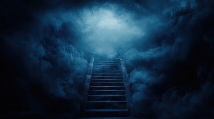 Mysterious stairs leading to light ethereal environment atmospheric concept dark and dreamlike setting