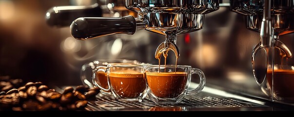 A close-up view of espresso shots being extracted into glass cups, highlighting the rich color and crema of fresh coffee with roasted beans in the background.