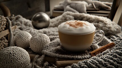 A cozy scene featuring a cappuccino in a warm, textured setting.
