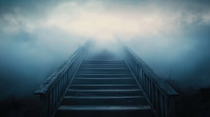 Mystical steps rising through fog enigmatic landscape atmospheric photography nature's mystery serene viewpoint