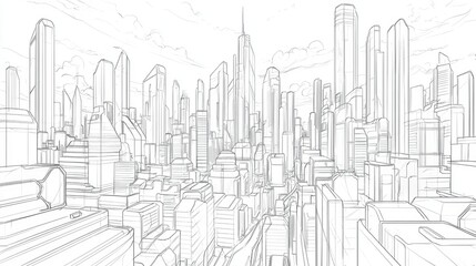A detailed line art illustration of a futuristic city skyline with towering skyscrapers.