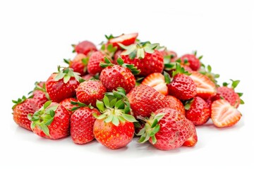 Pile of Ripe Strawberries with Green Leaves. White Background.