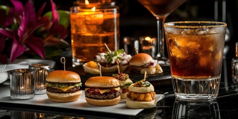 A gourmet spread featuring sliders, cocktails, and candles for a dining experience.