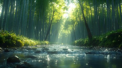 Obraz premium A tranquil photograph of a winding stream flowing through a lush bamboo forest with dappled sunlight creating a magical calming atmosphere an ideal scene for relaxation meditation and wellness
