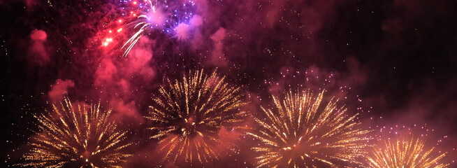 Banner Purple Firework celebrate anniversary happy new year 2025, 4th of july holiday festival. Banner Purple firework night time National holiday. Violet firework New year 2025 festival copy space