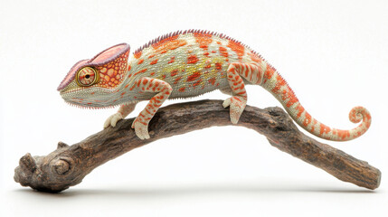 colorful chameleon perched on branch, showcasing vibrant patterns and textures. This unique reptile displays blend of colors, making it captivating subject