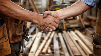 Close-up of two carpenters shaking hands in a woodworking workshop, with tools visible in tool belts and wooden planks in the background