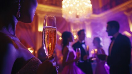 Upscale party scene with elegantly dressed people celebrating in a luxurious environment