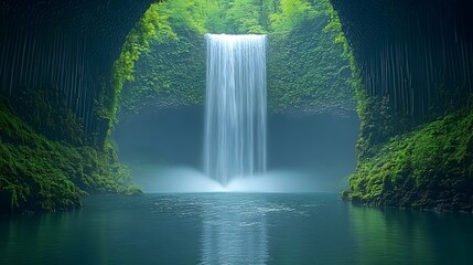 Breathtaking landscape featuring a powerful waterfall cascading over towering cliffs surrounded by a dense and lush forest canopy creating a tranquil and serene scene of natural beauty