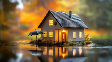 Fototapeta premium Rainy day serenity cozy house with umbrella tranquil nature setting beautiful evening glow peaceful view