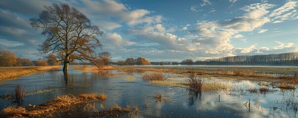 Fototapeta premium A waterlogged landscape in Elbe-Havel-Land, Germany, with fields and trees submerged under floodwaters. Captured in HD with dramatic skies.