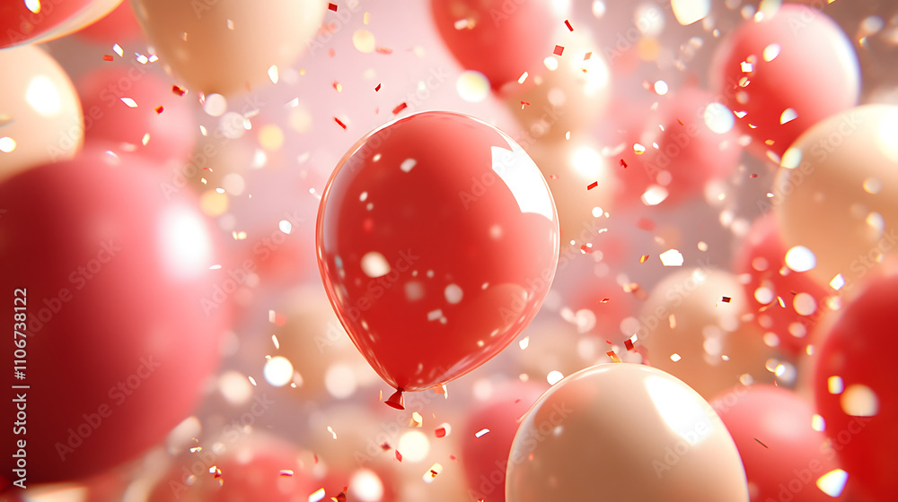 Poster Colorful balloons float in a festive atmosphere, surrounded by shimmering confetti, creating a joyful and celebratory scene