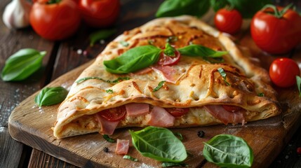 Traditional Italian Pizza Calzone filled with Ham, Cheese, Tomatoes, and Fresh Basil on Wooden Surface