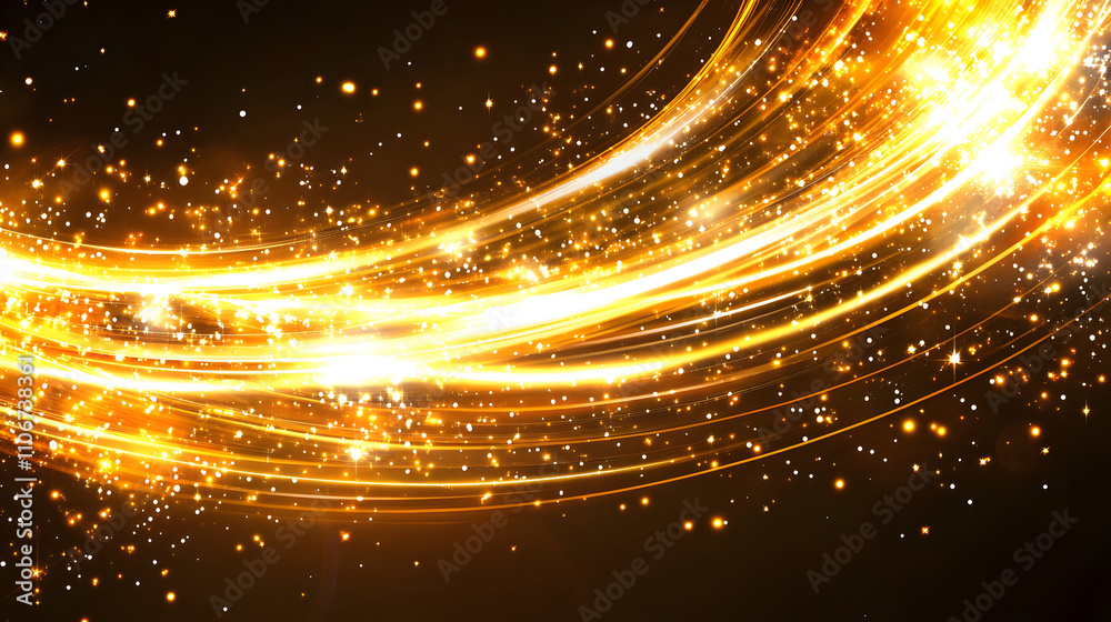 Aufkleber A vibrant display of golden light trails and sparkling particles against a dark background, creating a dynamic and festive atmosphere