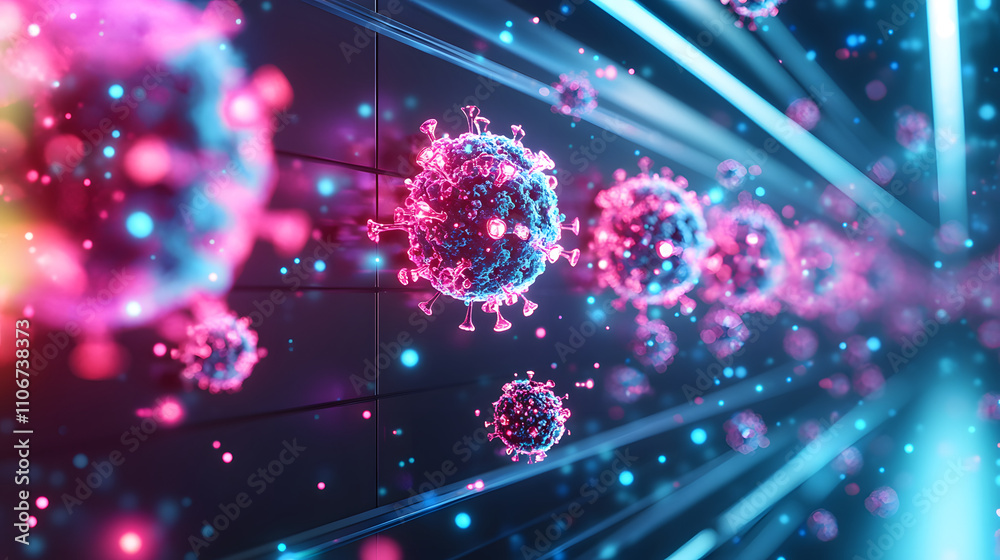 Aufkleber A vibrant digital representation of viruses with glowing particles, showcasing a dynamic interaction in a futuristic environment