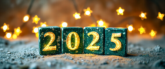 illuminated numerals 2025 on green blocks