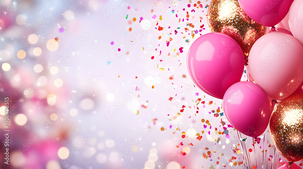 Poster a festive scene featuring pink and gold balloons with shimmering confetti, creating a cheerful atmos
