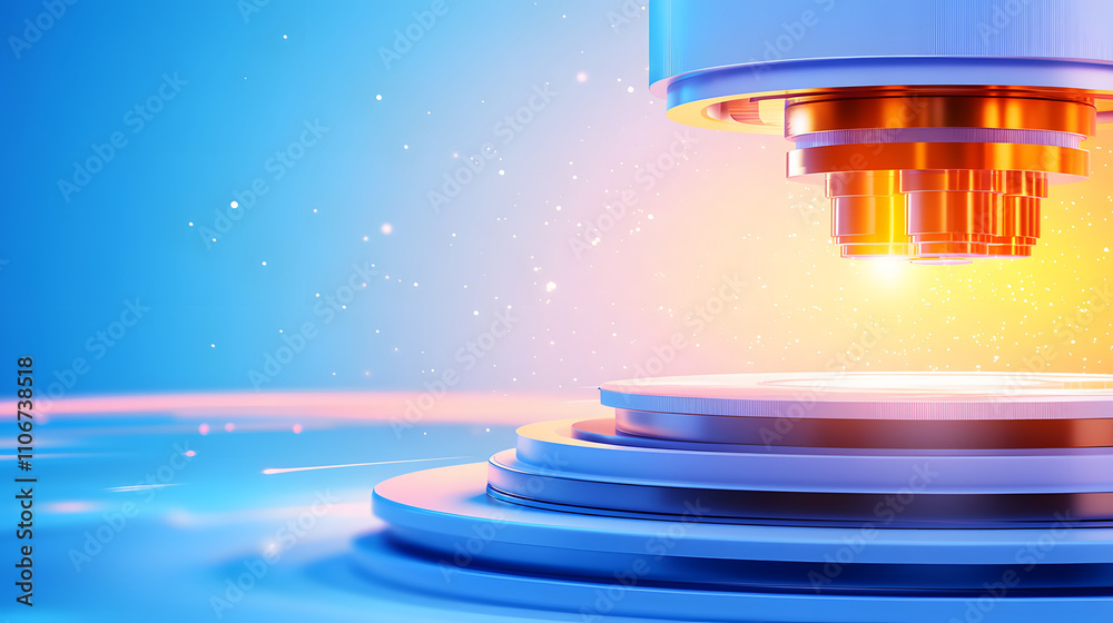 Poster a close-up of a futuristic cutting or machining tool, glowing with vibrant colors, set against a smo